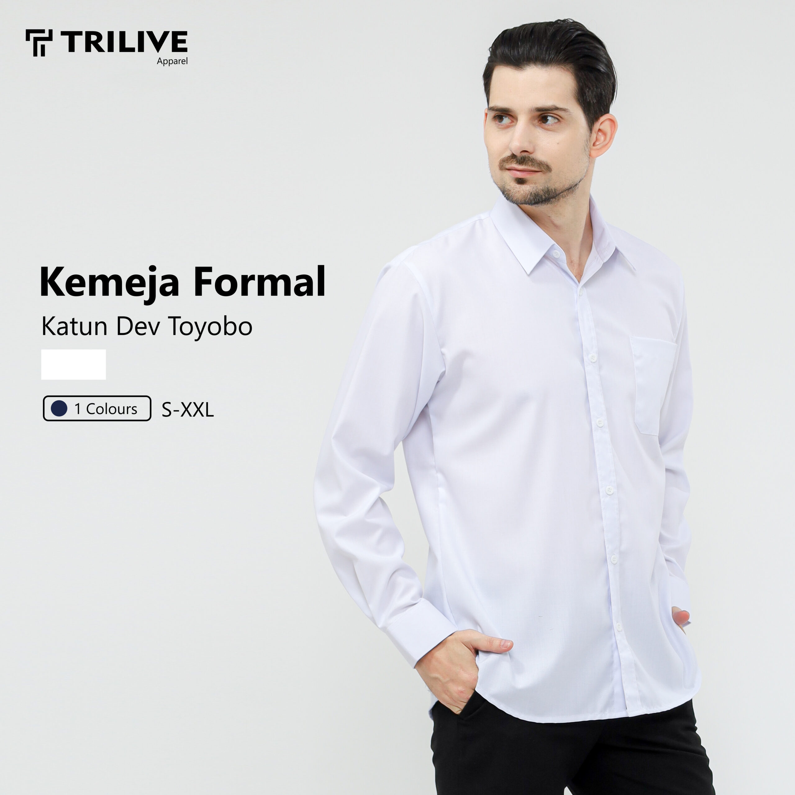 TRILIVE - Kemeja Polos Pria Lengan Panjang Putih
