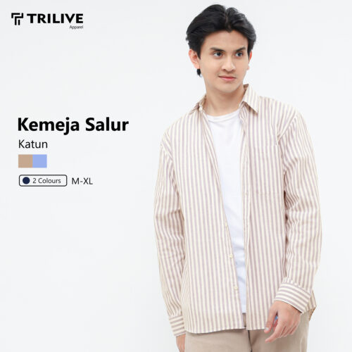 Kemeja Pria Salur Cokelat Katun Lengan Panjang