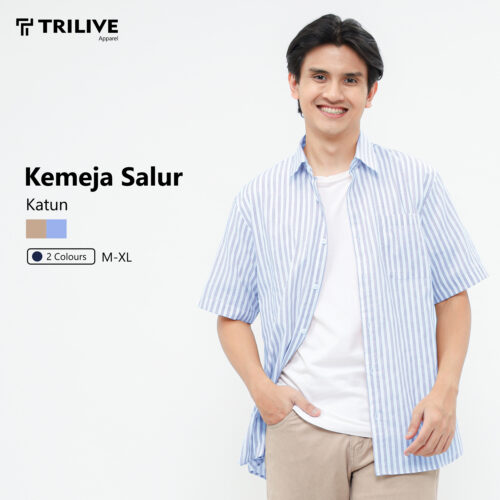 TRILIVE - Kemeja Salur Pria Lengan Pendek Premium Bahan Katun