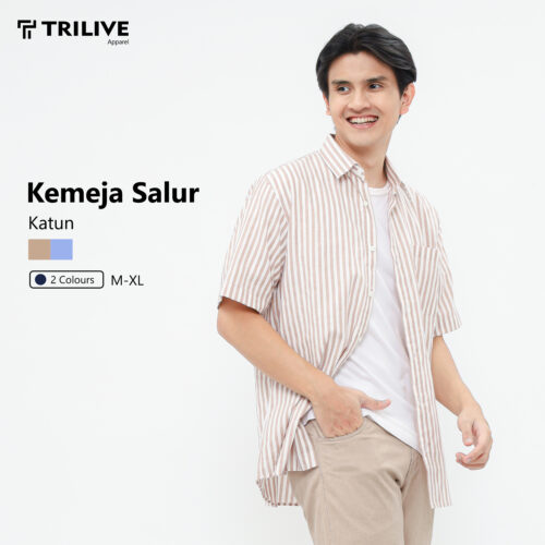 TRILIVE - Kemeja Pria Salur Cokelat Katun Lengan Pendek