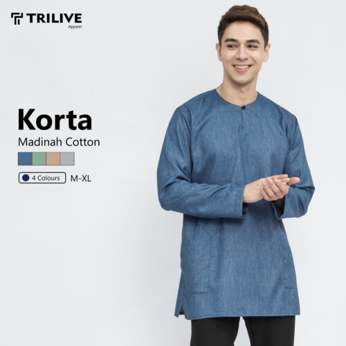 TRILIVE - Baju Koko Kurta Blue Denim Lengan Panjang Pria